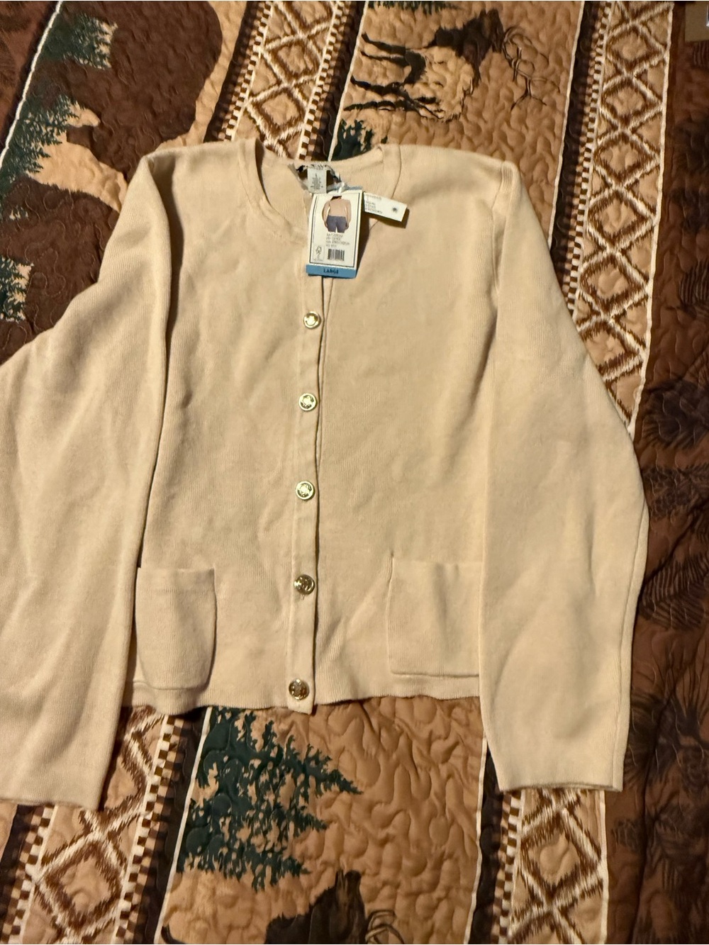 Nine West Oatmeal Button-Front Pocket Cardigan